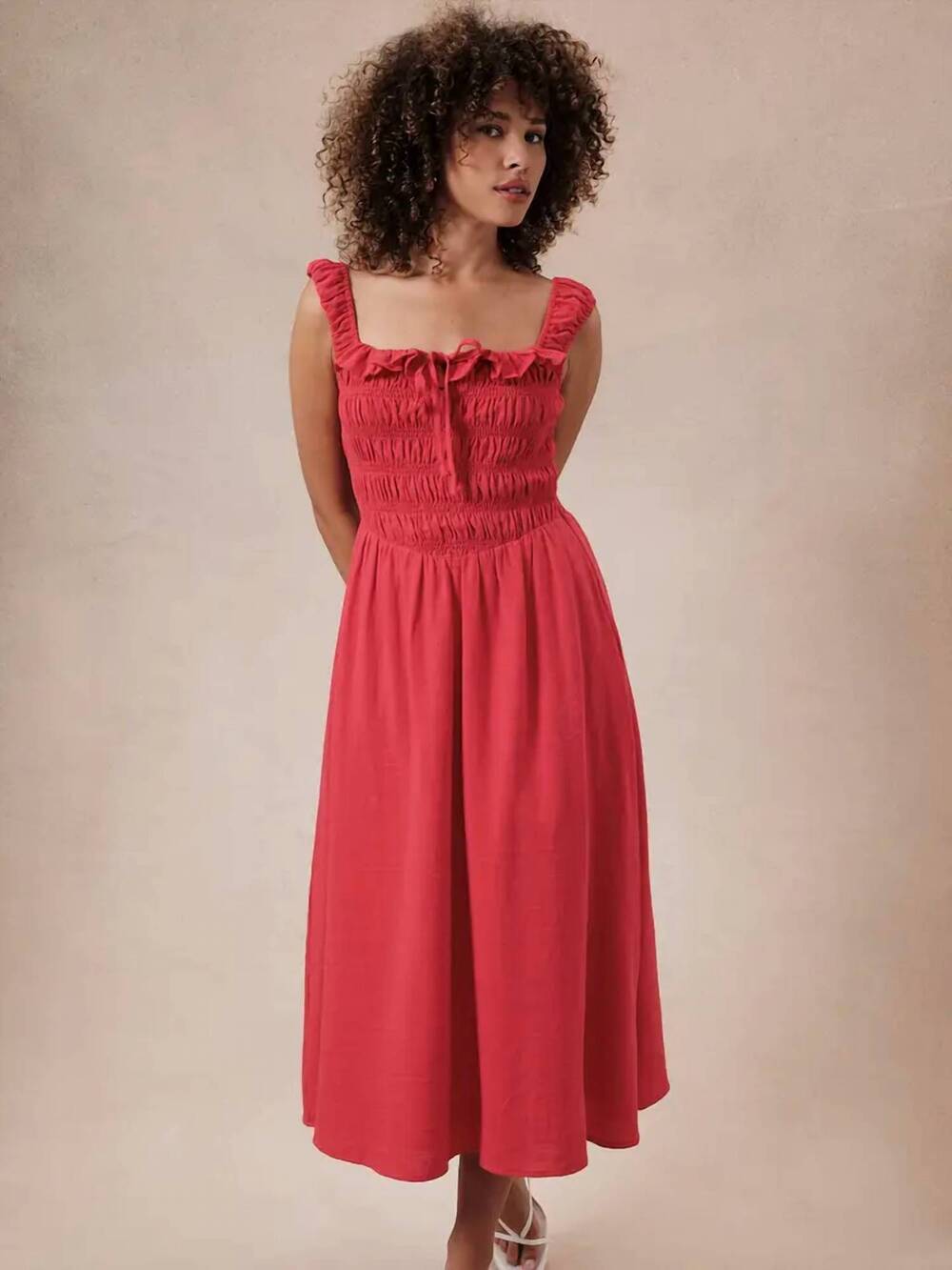 NEW SUNDAY EDITION smocked sleeveless midi dress in red
